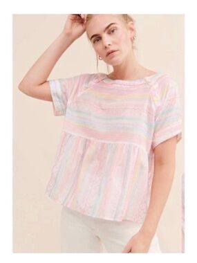 Anthropologie Size XXSP Pastel Stripe Short Sleeve Peplum Top - Pink